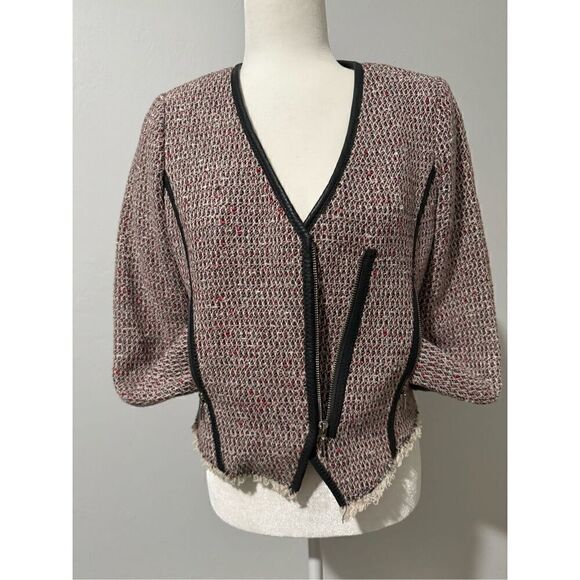 Rebecca Taylor tweed leather trim zip front biker jacket 4 - Picture 2 of 7